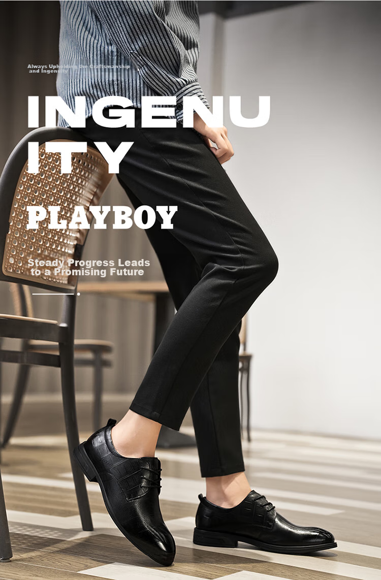 PLAYBOY Leather Shoes for Men, Spring/summer 2026 British Business Casual Shoes, Top-Grain Cowhide Formal Shoes, Black, Size 44 1