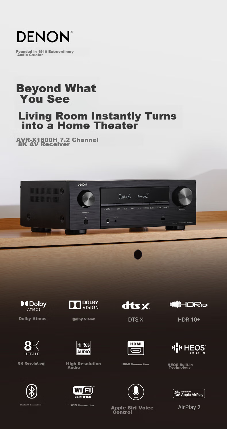 DENON AVR-X1800H Amplifier with 3D Sound Effects, 8K Home Theater, 7.2 Channel HEOS Lossless Music Streaming, 175W High Power, Imported Dolby Atmos DTS:X Bluetooth WiFi 1