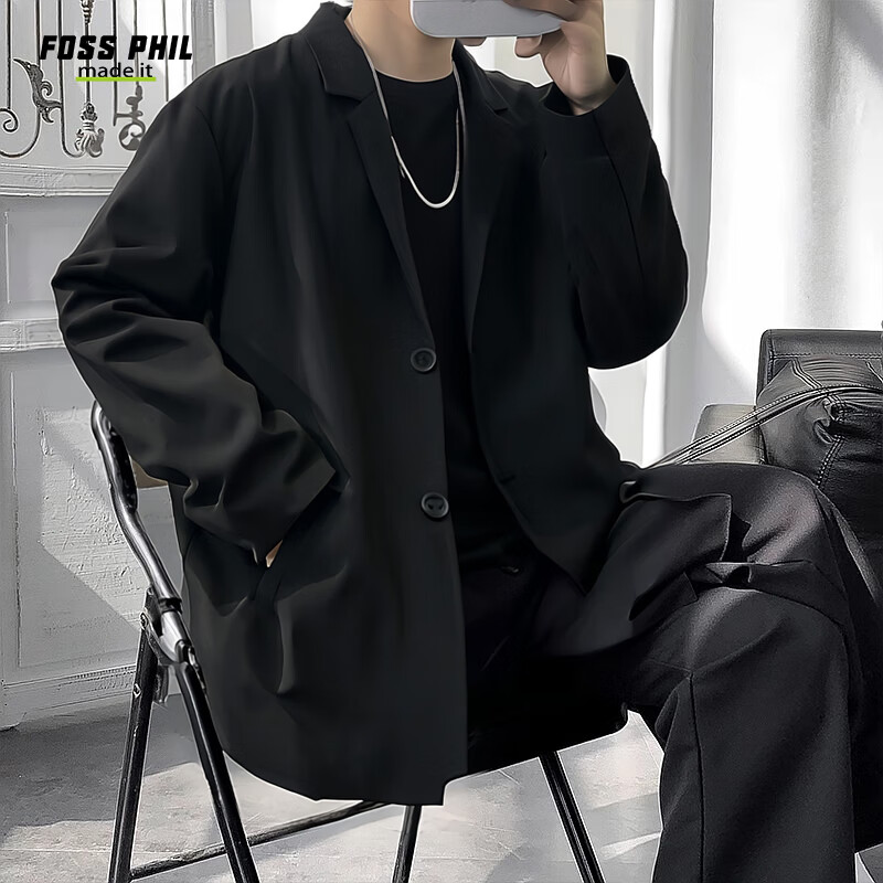 Foss Phil Men's Suit Jacket, Spring And Autumn Loose Casual Versatile DK Uniform Cool Blazer, XF8001 Black XL