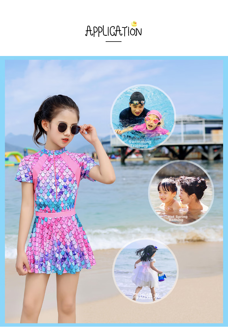 Yifu Sun Protection Children's Mermaid Swimsuit, Girls' Stylish Princess Swimwear, Korean One-Piece Princess Dress-Style Hot Spring Swimsuit 11