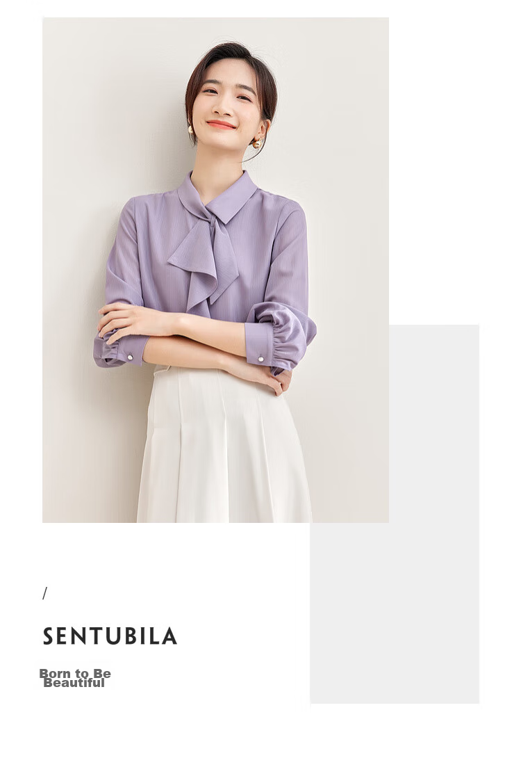 Sentubila Elegant Ribbon Blouse for Women, Spring Women's Wear, Light And Fashionable Long-Sleeve Chiffon Blouse, Versatile Commuter Top 14