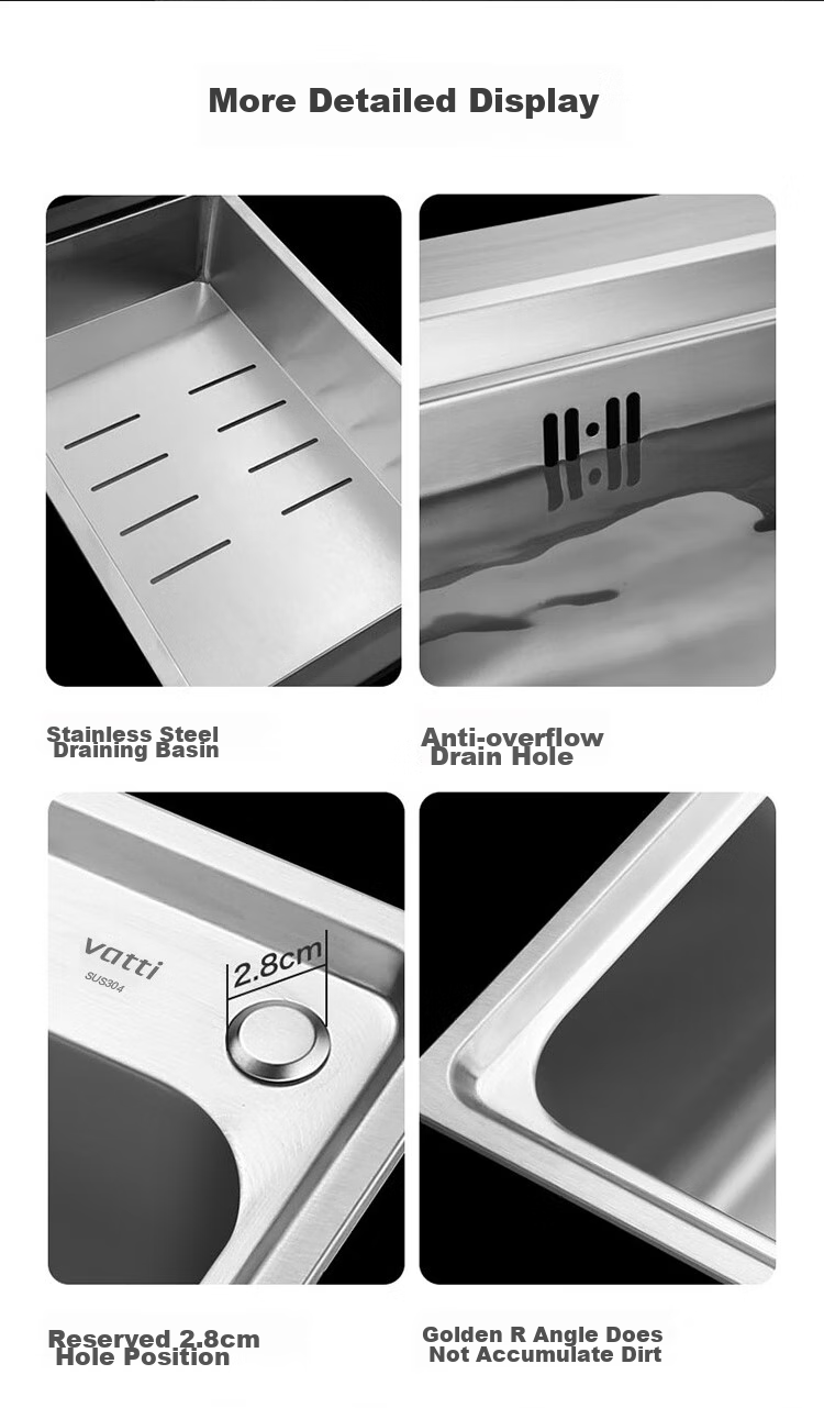 VATTI Kitchen Sink S1, Large Single Bowl Sink, Vegetable Washing Basin, Integrated Basin, 304 Stainless Steel Dishwashing Sink, Tabletop Or Countertop Installation Available 11