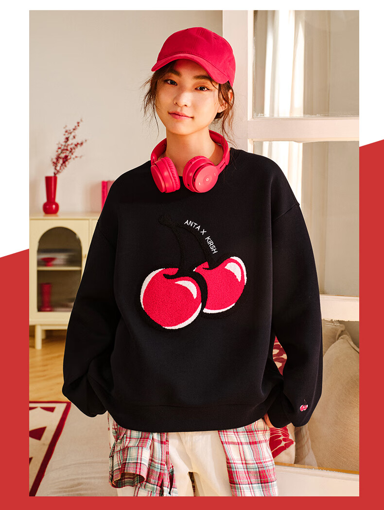 ANTA ×kirsh Collaboration | Cherry Round Neck Pullover Sweatshirt for Women, New Autumn Trendy Sports Top 13