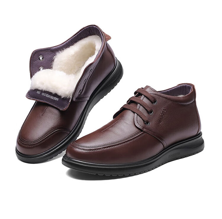 强人休闲鞋男头层牛皮羊毛保暖皮鞋轻便舒适男式日常防寒棉皮鞋jdc35
