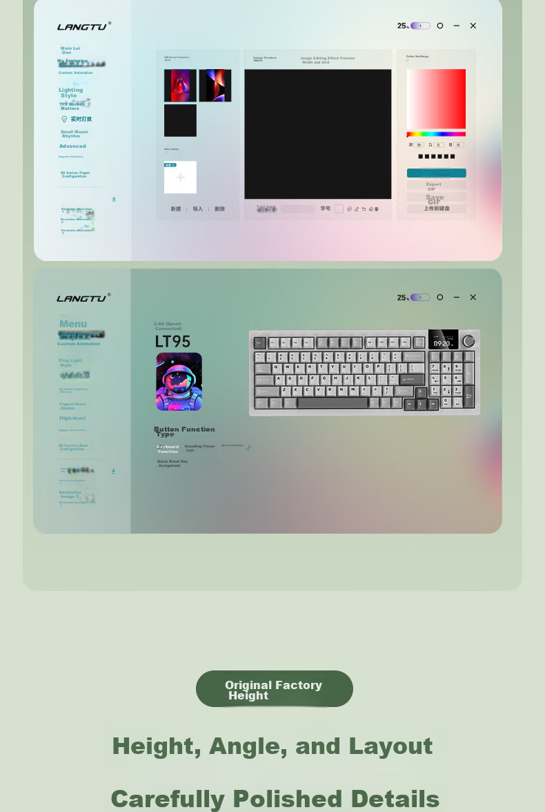 Langtu LT95 Mechanical Keyboard, Wired/wireless/Bluetooth Triple-Mode, 95-Key Gaming And Office Computer Keyboard with LCD Color Screen, RGB Lighting Effects, Green Micro Macaron Switches 19