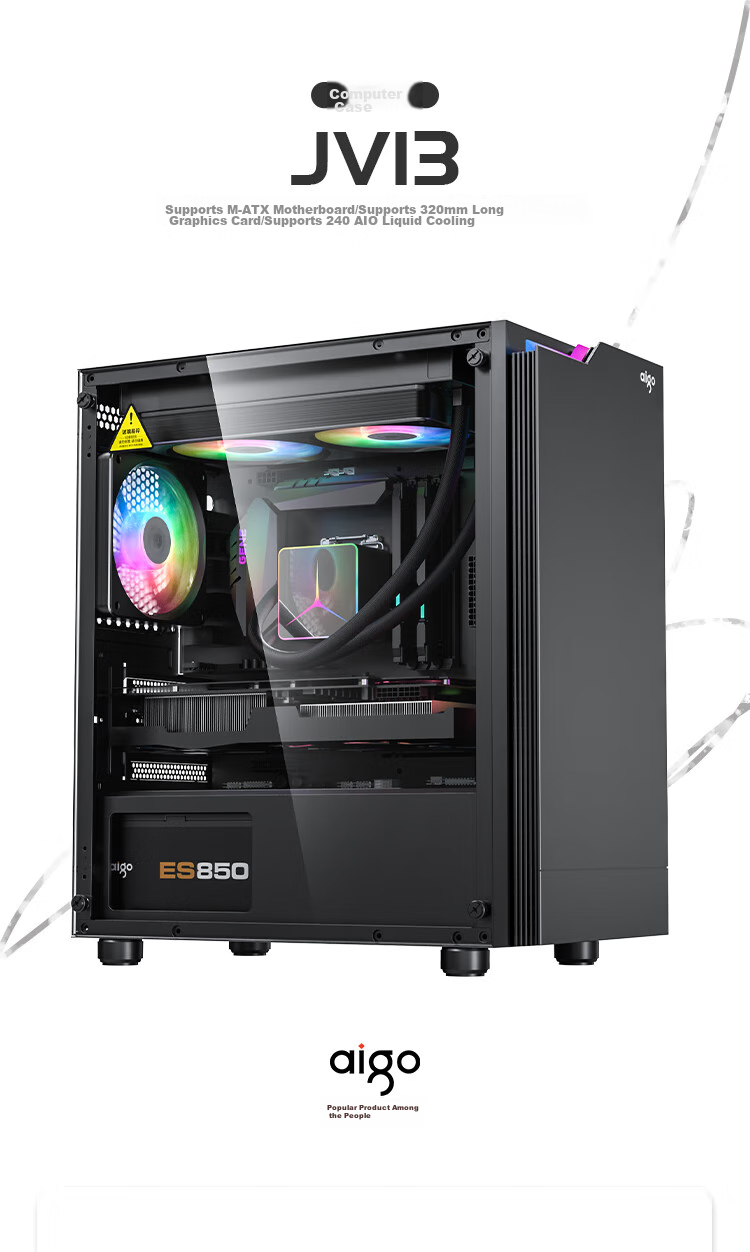 Aigo JV13 Black, Desktop Computer Case, Small Matx Case for Desktop (Transparent Side Panel/ITX Motherboard/240mm Water Cooling/RGB Light Strip) 2