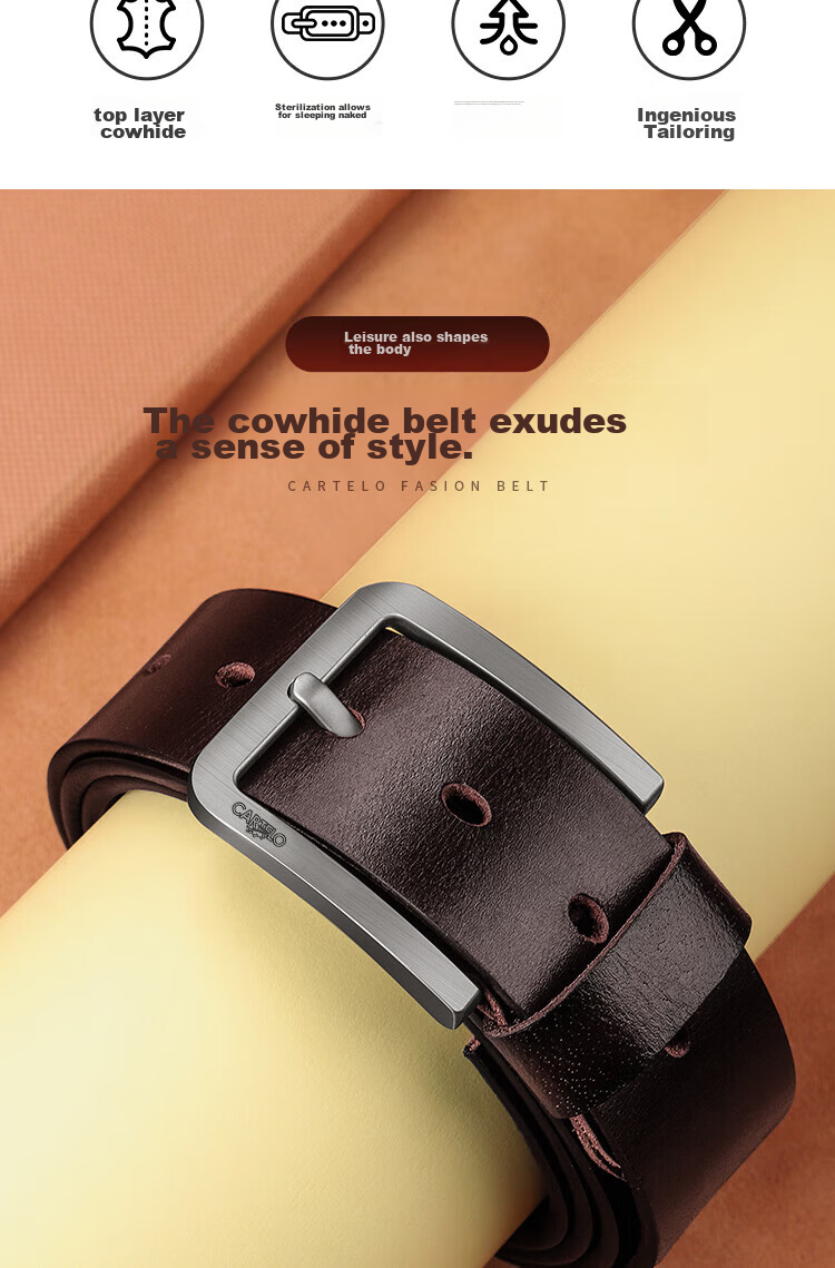 CARTELO Men's Leather Belt, Fashionable Vintage Top-Grain Cowhide Pin Buckle Waistband, Business Trouser Belt, Gift for Boyfriend 2