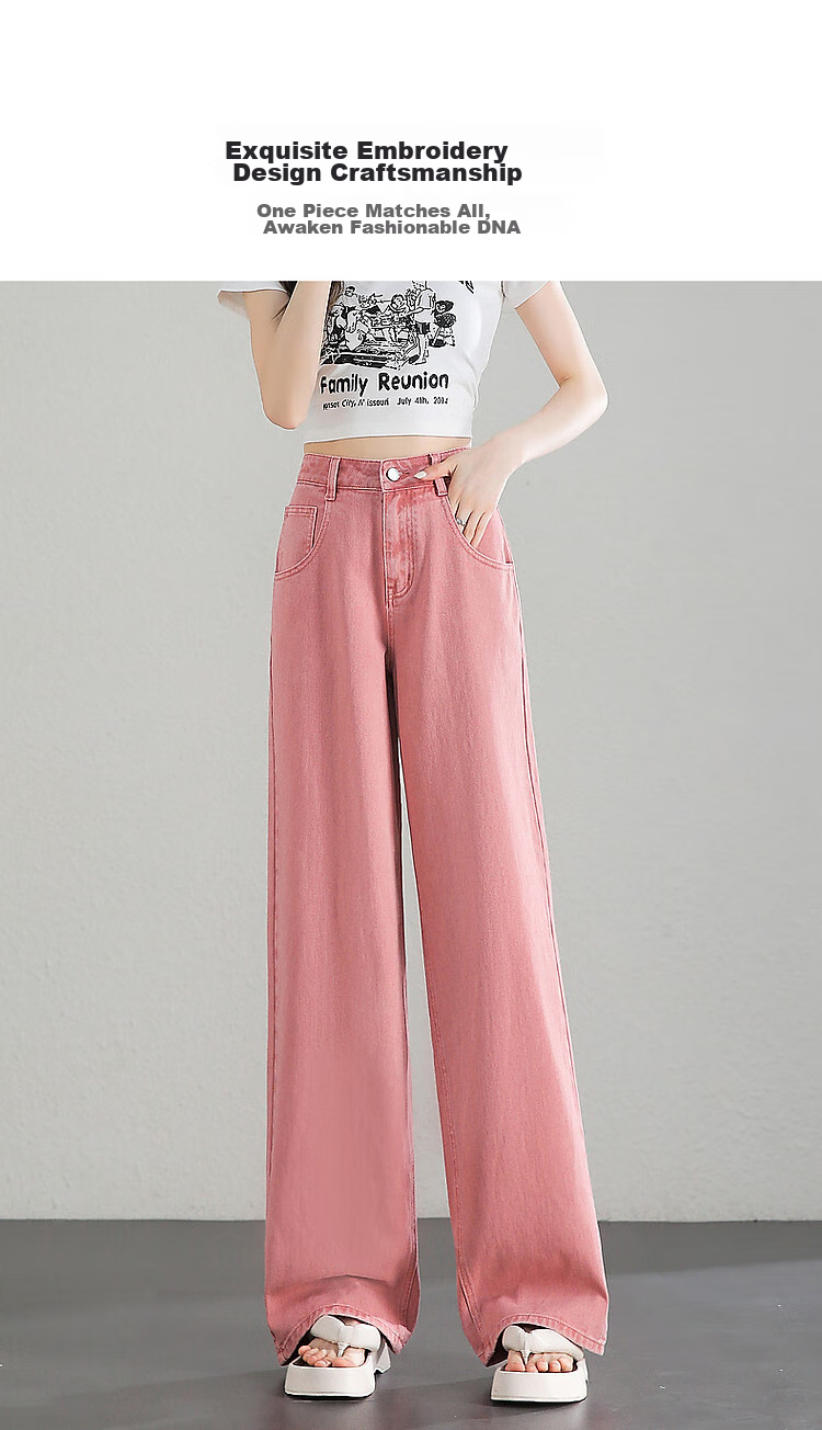 Dme [Vertical Straight Cotton Bare Feel Experience] Spring And Autumn, Slightly Chubby Pear-Shaped High-Waisted Slimming Embroidered Wide-Leg Jeans 5