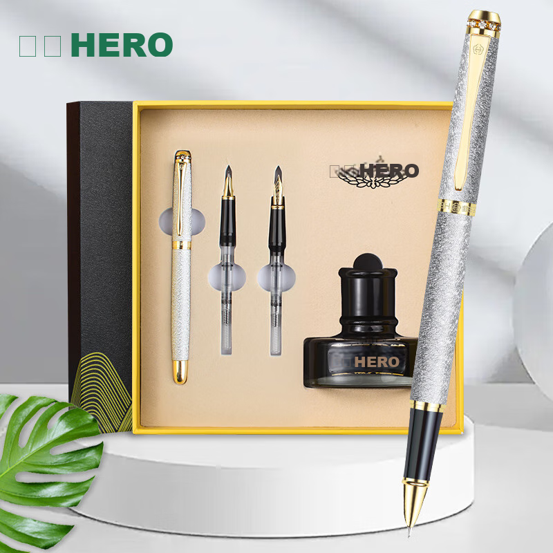 HERO Fountain Pen Gift Box Set, High-End Exquisite, for Men And Women, Adult Handwriting Practice, Birthday Gift, Business Present, 1520 Three-In, Velvet Sand Silver Color