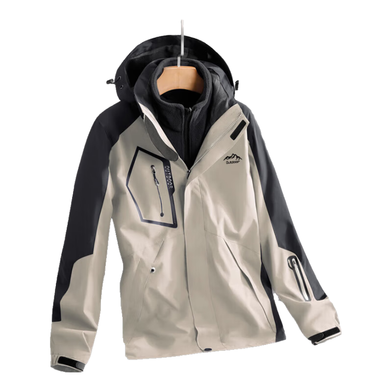 Jeanswest Outdoor Sports Jacket Autumn Winter 3-in-1 Detachable Hooded Hiking Coat Khaki XL