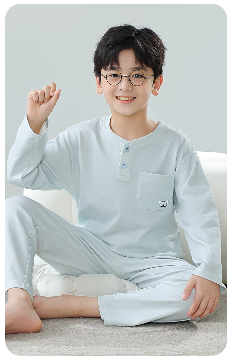 MiiOW Kids Pajamas Girls 40S Cotton 5A Antibacterial Homewear Set Half-Open Collar Long Sleeve Light Gray Green 140cm 7