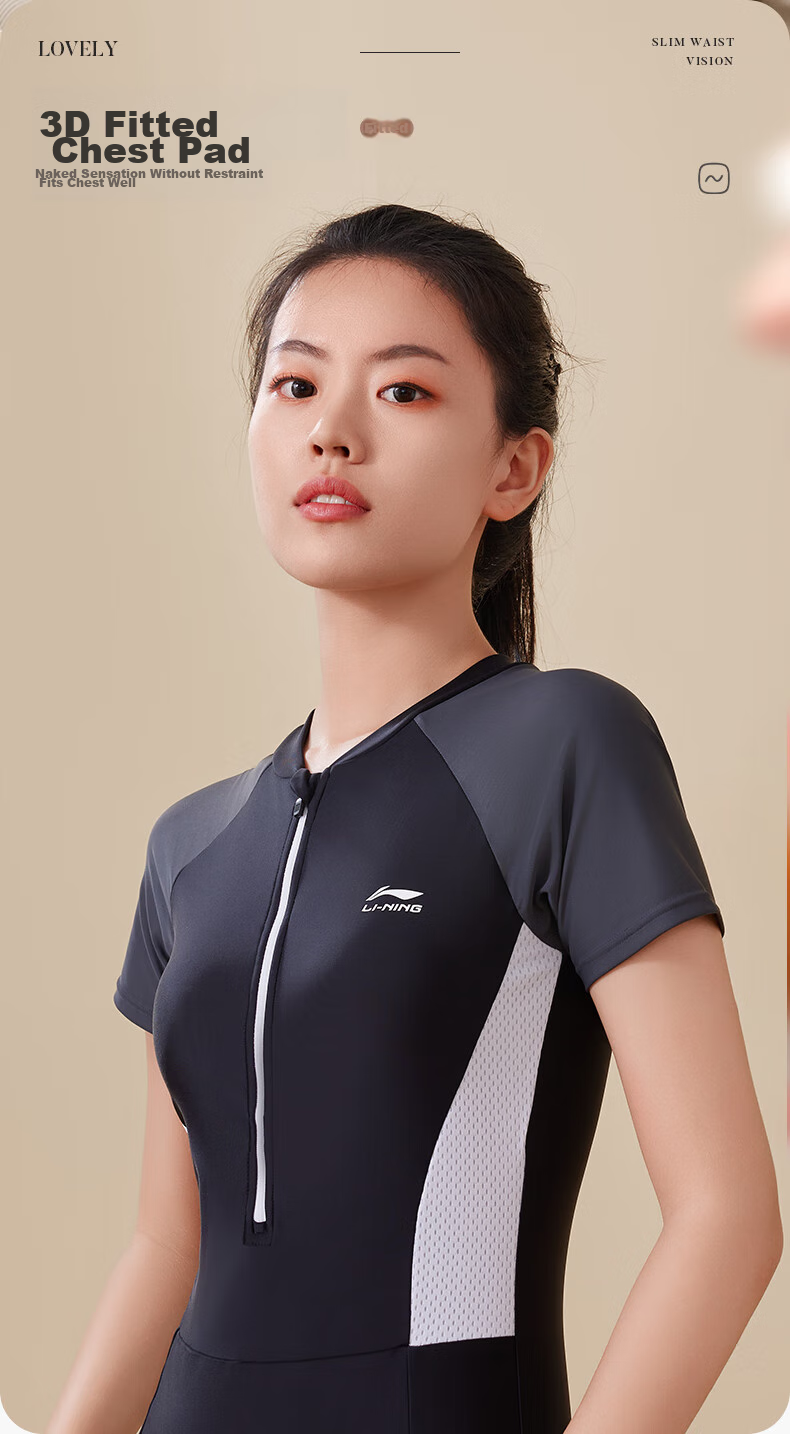 Li-Ning One-Piece Swimsuit for Women, Square-Leg Swimming Costume, Professional Athletic Conservative Slimming Hot Spring Swimwear, 4631 Black And Gray, Size L 5