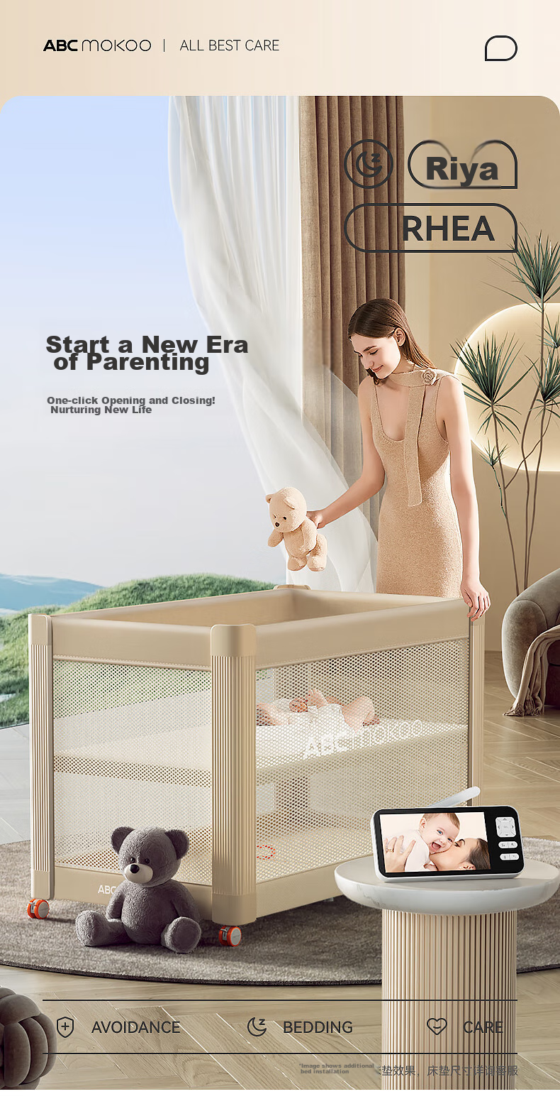 ABCMOKOO Portable And Modular Crib, Multifunctional Folding Bed for Newborns - Morandi Gray/single Bed Model 2