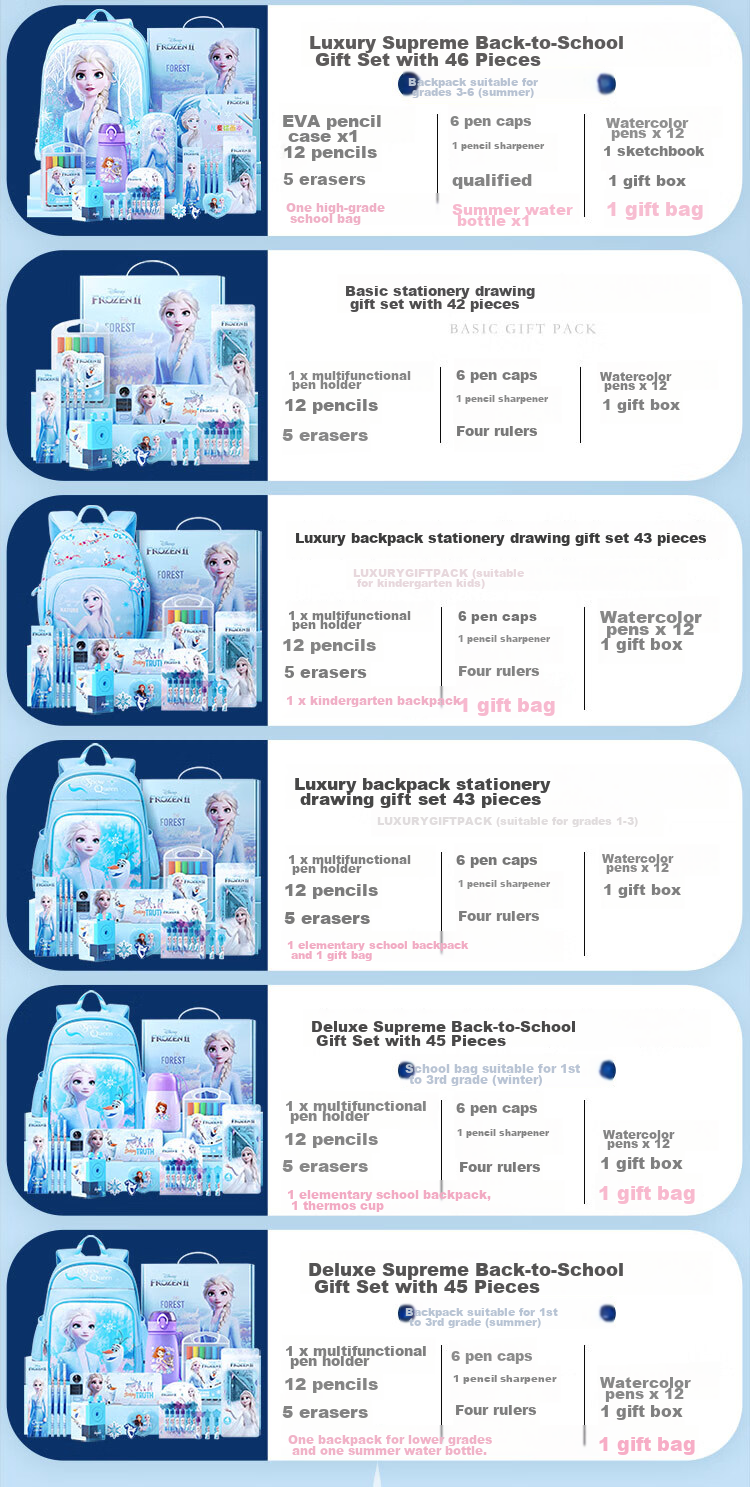Disney Stationery Set, Elementary School Student Backpack Stationery Gift Box, Girls' Birthday Gift Learning Supplies Large Gift Pack for Ages 12-15 Children's Day Gift, Froze 10