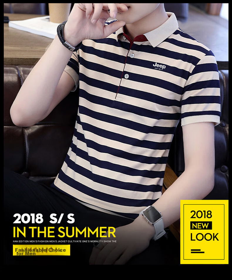 JEEP SPIRIT Men's Short-Sleeve T-Shirt, Summer Polo Shirt, Half-Sleeve Collar, Striped Business Casual Slim Fit, Blue Stripe, M 5
