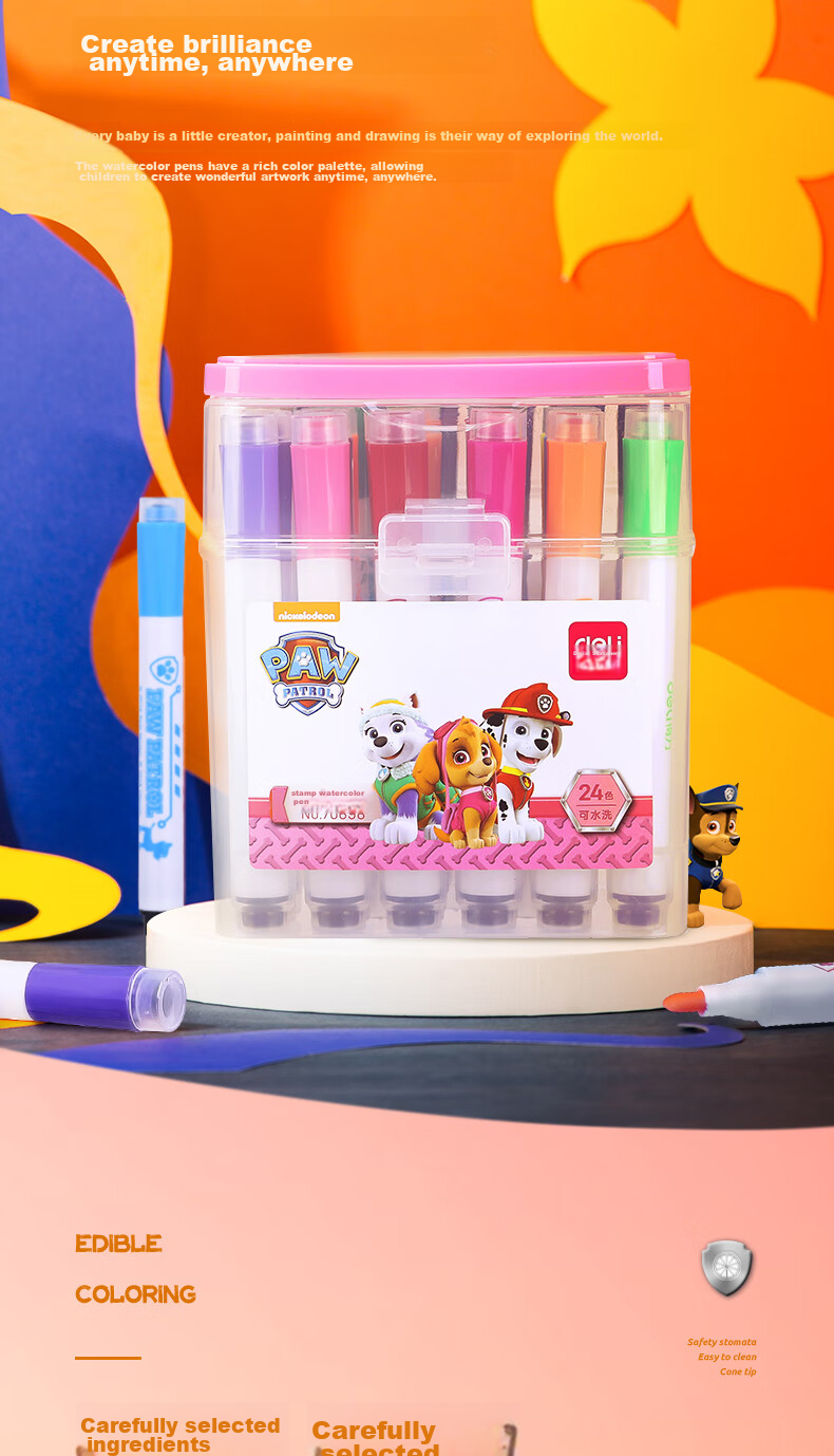 Deli 24-Color Easy-To Watercolor Pens with Stamp Tips, Paw Patrol, Washable Student Children's Drawing Pens, Graffiti Painting Pens, Back-To Princess Pink Gift, Graduation Present 9