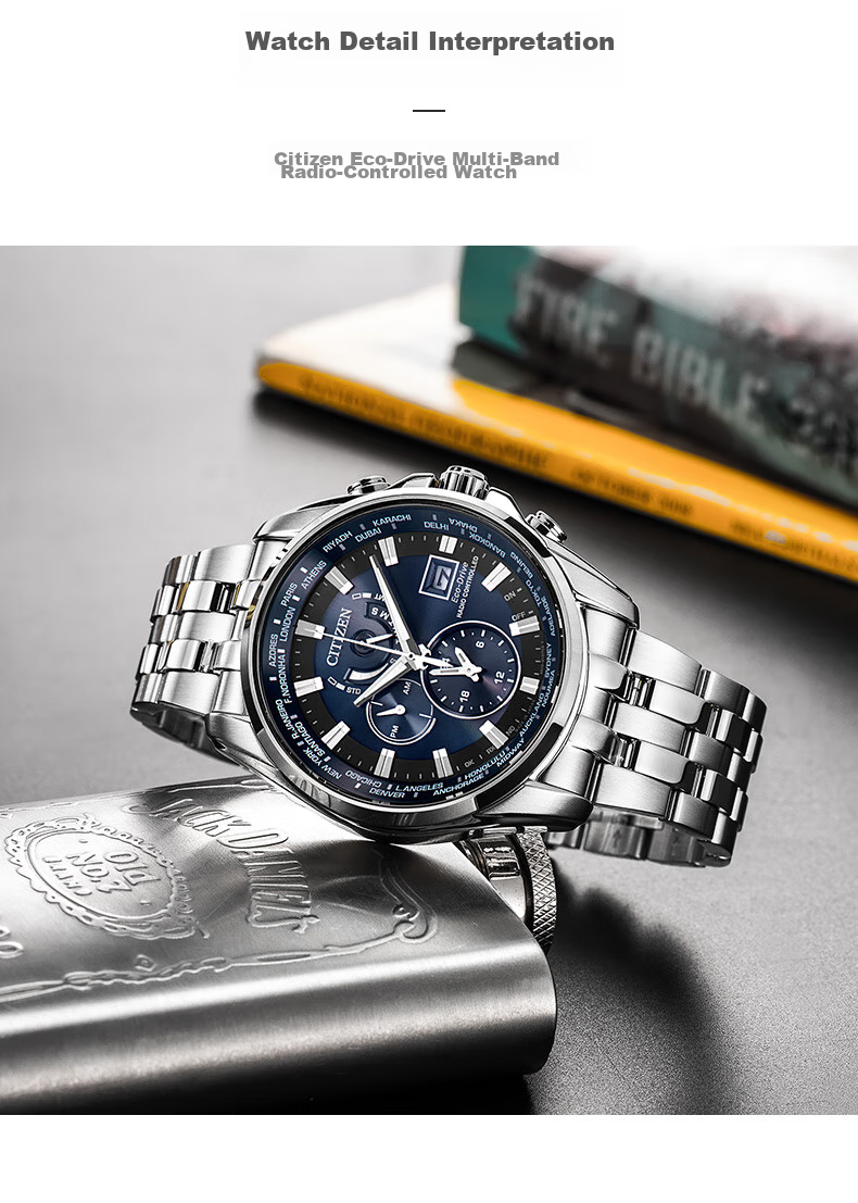 CITIZEN Watch for Men, Japanese And Korean Style, Eagle in The Sky, Eco-Drive, Radio-Controlled Steel Band, Black Dial, Gift for Boyfriend, AT9127-80E 8