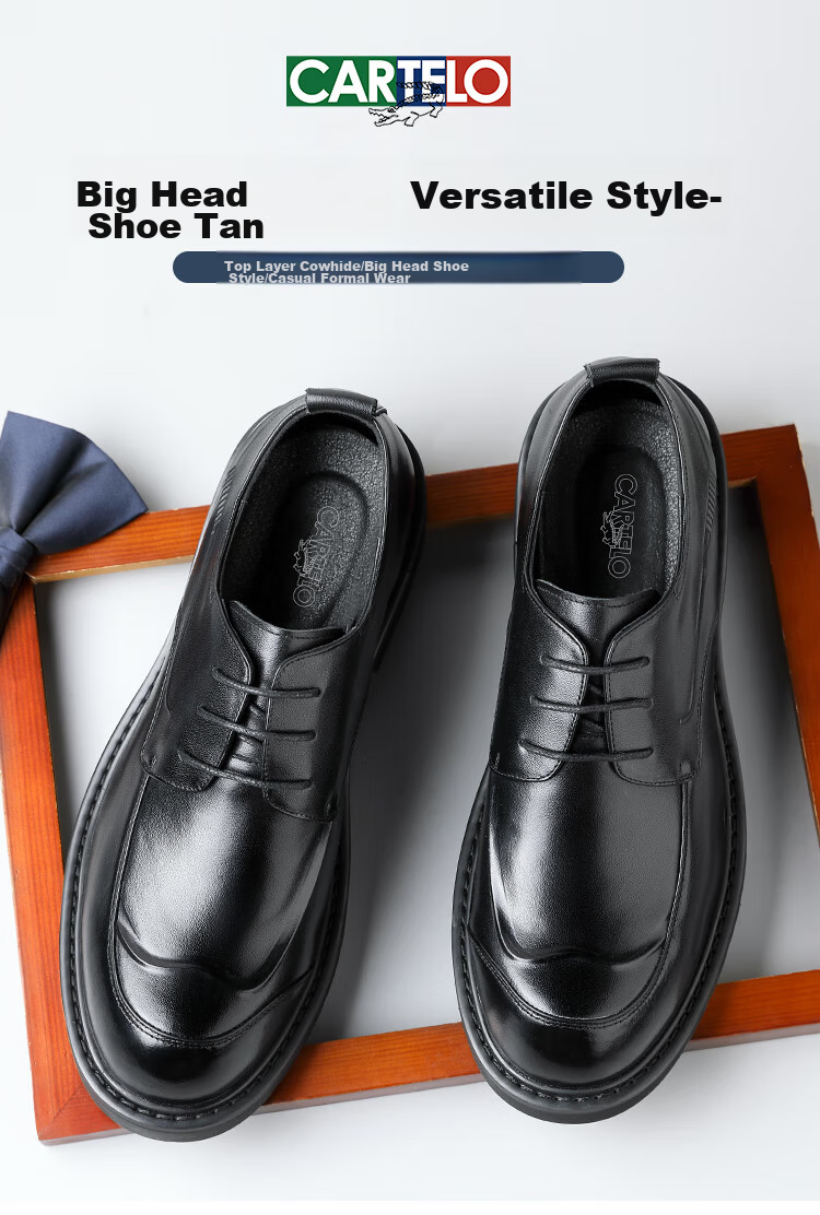 CARTELO Top-Grain Leather British-Style Chunky Men's Shoes, Business Casual Men's Leather Shoes, Thick-Soled Height-Increasing Shoes for Men, 9726 Black, Size 39 1