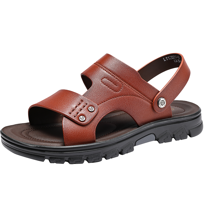 LAORENTOU Men's Beach Sandals Summer Breathable First Layer Cowhide Massage Sole Slippers Outdoor Casual Shoes LT12031 Brown Size 43