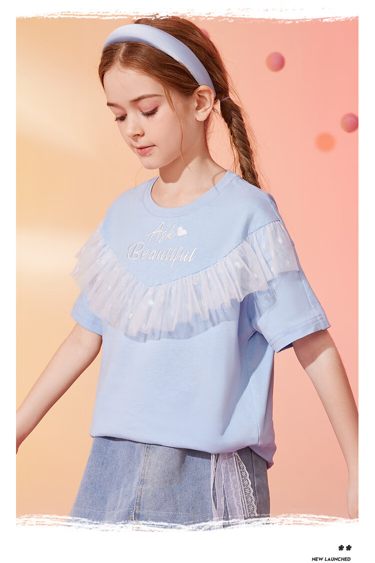 ASK JUNIOR Children's Short-Sleeve T-Shirt, Summer 2026, Girls' Mesh Top with Letter Print, for Older Kids, Blue, Size 120 5