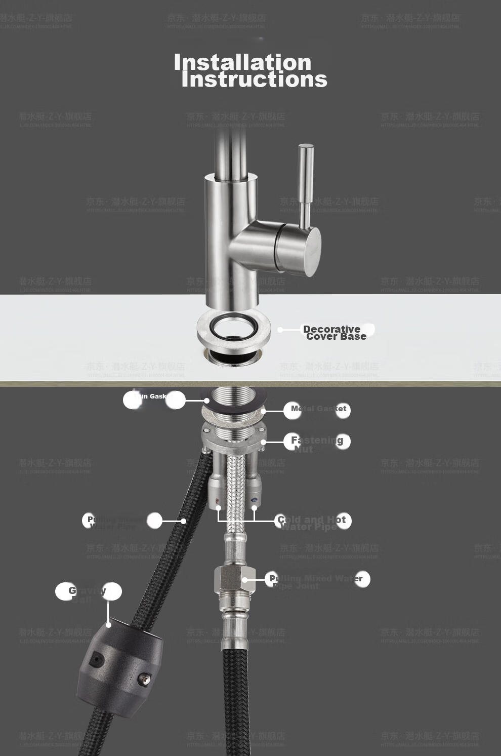 Submarine L3049 Pull-Out Faucet, Single-Hole Hot And Cold Sink Faucet with Two Water Flow Settings, Stainless Steel Brushed Sink Faucet 19