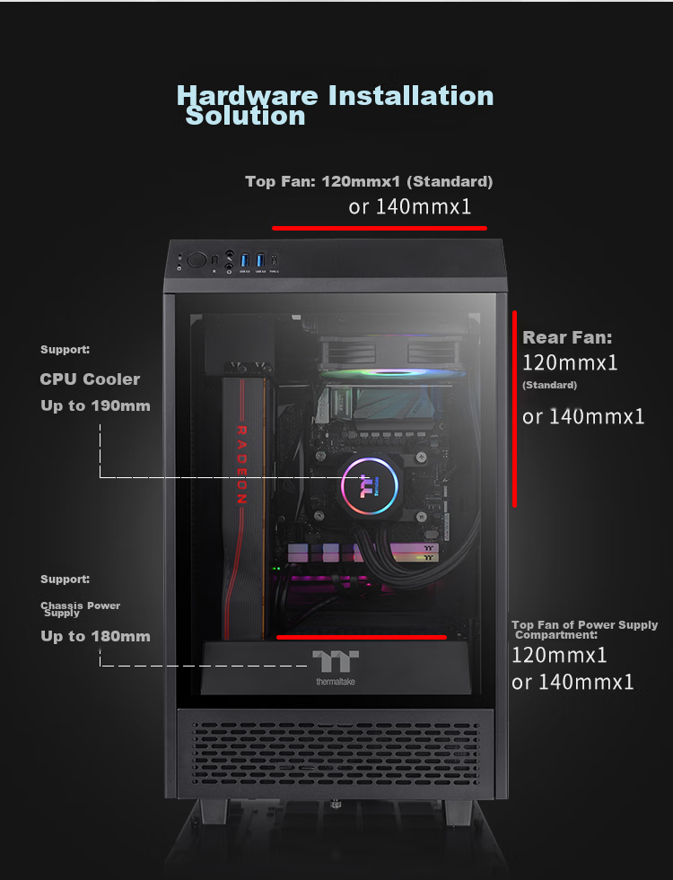 Thermaltake (Tt) The Tower 300 Seaside View Case, Computer Tower, Black (Matx Motherboard / Supports 420mm Water Cooling / 4090 Graphics Card / Horizontal Lying) 8