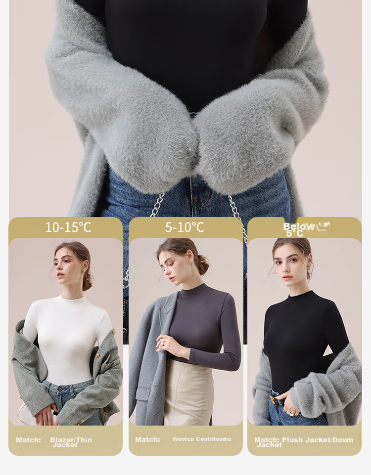 MiiOW Tech Heated Thermal Underwear Women Acrylic Cashmere Autumn High Neck Base Shirt Gray 18