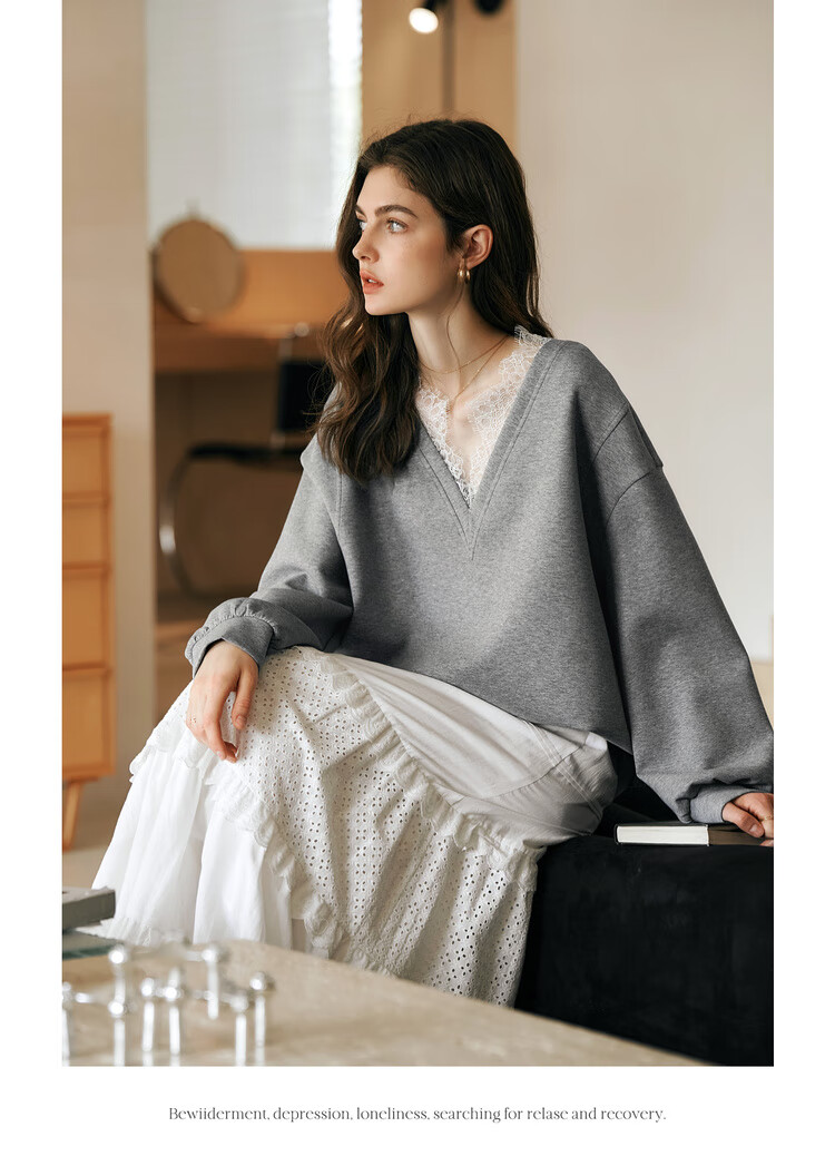 Oulain French V-Neck Sweatshirt for Women, Spring New Style Distinctive Lace Casual Pullover Top, High Gray, Size S 12