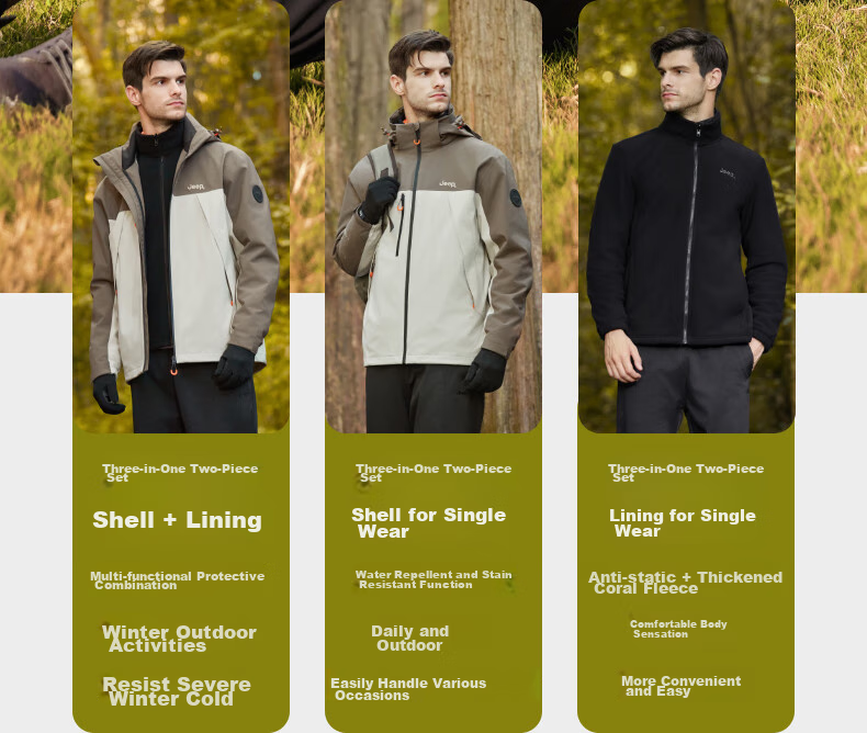 JEEP Windbreaker Jacket for Men And Women, Autumn And Winter Outdoor Three-In Windproof And Warm Mountaineering Coat, Vintage White, 3XL 5