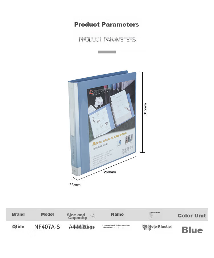 COMIX NF407A-S 40-Page A4 Loose-Leaf Binder/Document Folder, 30-Hole Plastic Binding, Blue 2