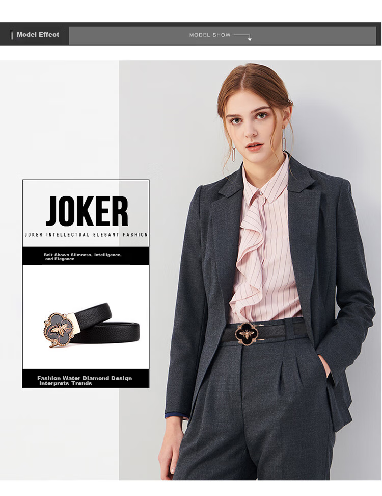CROCODILE Top-Grain Genuine Leather Versatile Women's Automatic Buckle Belt, Exquisite Bee Buckle Waist Belt, 12821 Black 3
