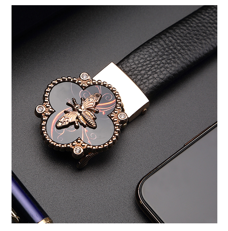 CROCODILE Top-Grain Genuine Leather Versatile Women's Automatic Buckle Belt, Exquisite Bee Buckle Waist Belt, 12821 Black 5