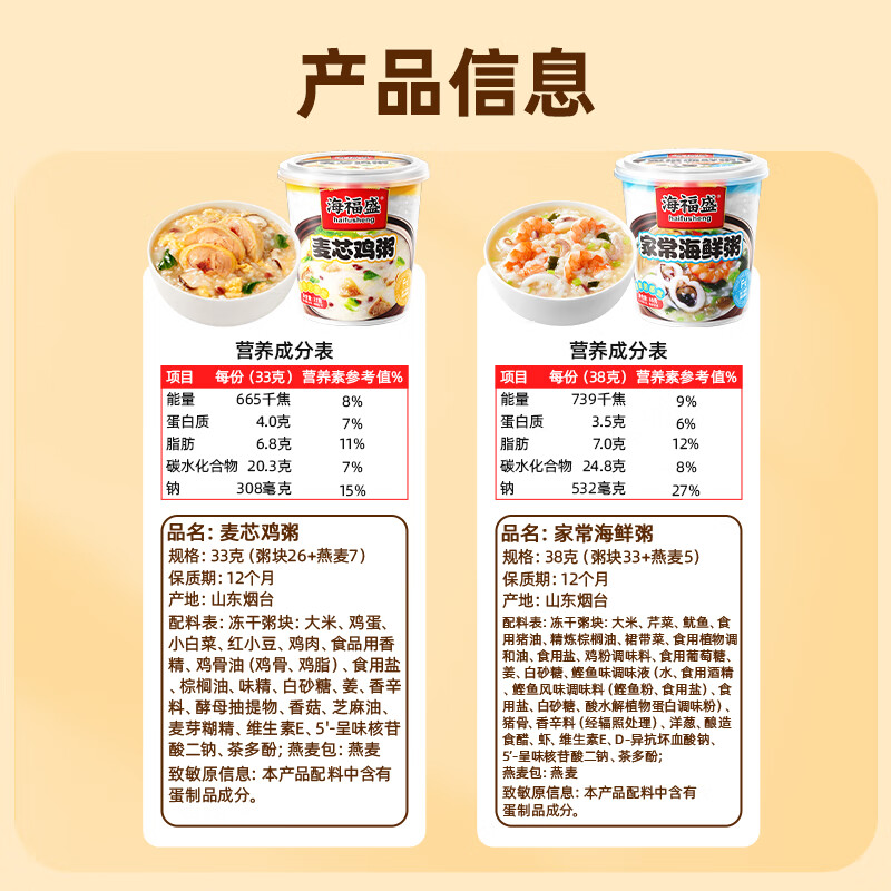 海福盛方便速食粥早餐宵夜懒人食品冻干八宝粥经典粥5味10杯368g