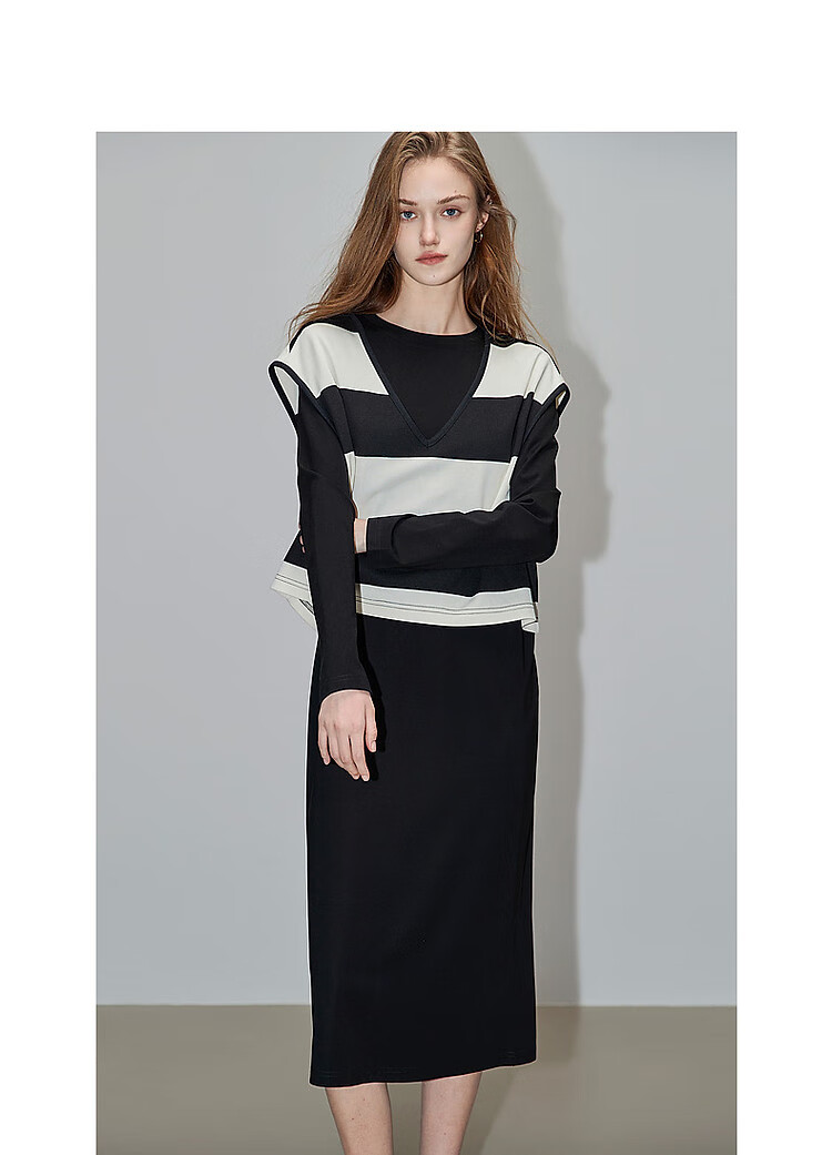 Dme [Laziness Casual Outfit] Spring And Autumn New Fashion Draping Roman Fabric Dress, Box-Shaped Striped Vest Two-Piece Set 13
