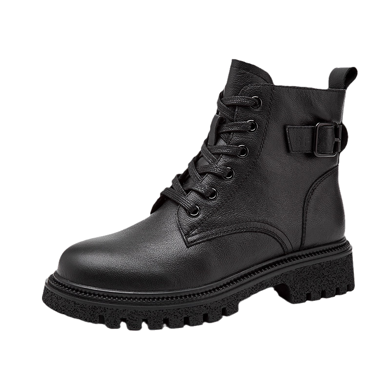 DAPHNE Women's Martin Boots Leather Knight Short Boots Thick Sole Spring Autumn Slim Boots Black (Single Lining) Size 39