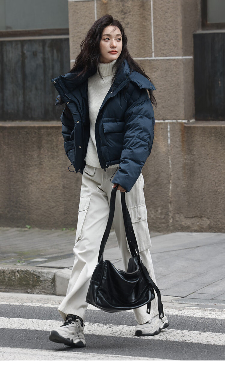 Dme [Navy Blue Short Down Jacket with Large Pockets], Winter Hooded Windproof Button Design down Coat for Wome 12