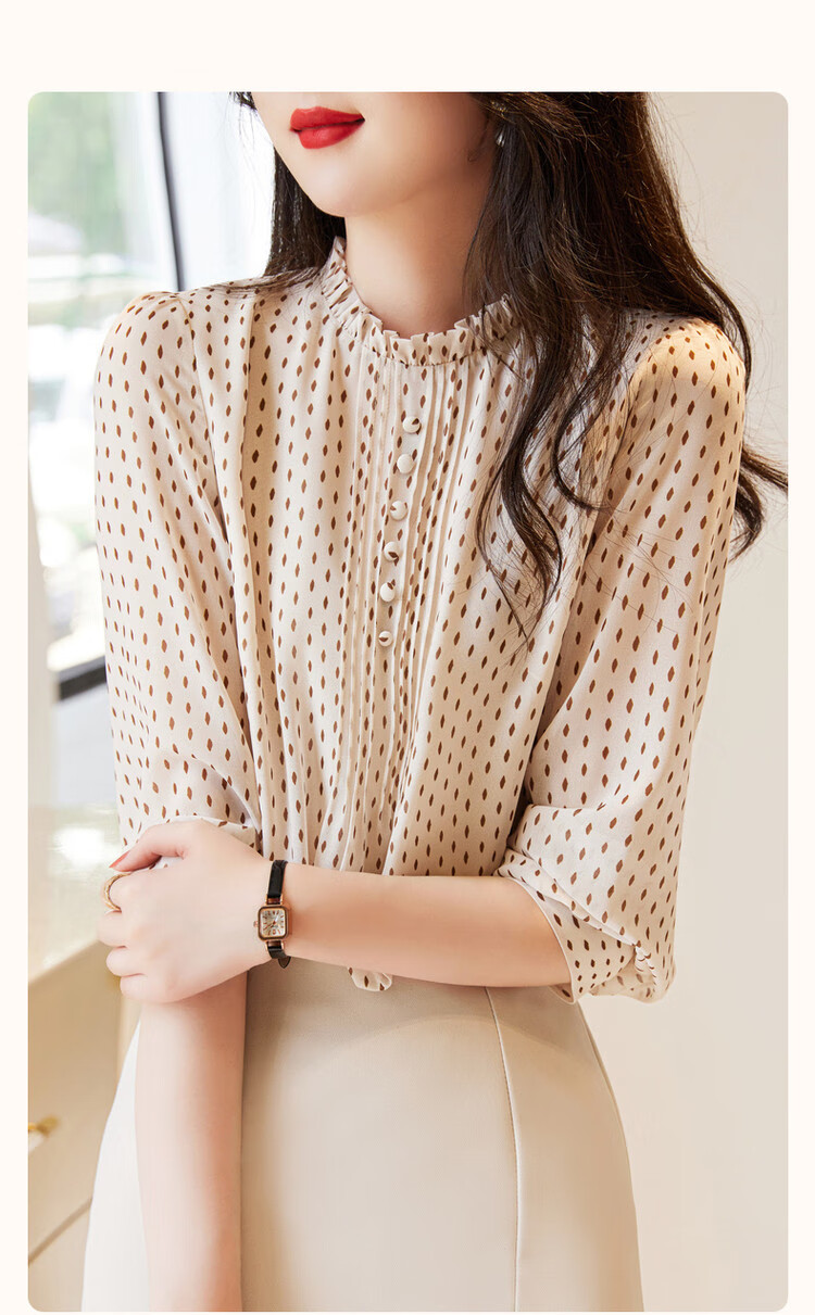 Dme [Polka Dot Puff Sleeve Blouse], Spring And Autumn Stand-Collar Fitted Long-Sleeve Commuter Shirt, Women's Top 3