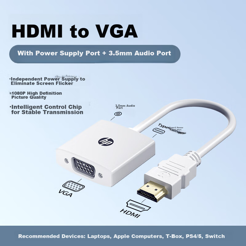 HP HDMI to VGA Converter with Audio And Power Supply, High-Definition Video Adapter, for Desktop Computers, TV Boxes, Handheld Games, PS5, Connecting to Monitors And Projectors for Large Screens