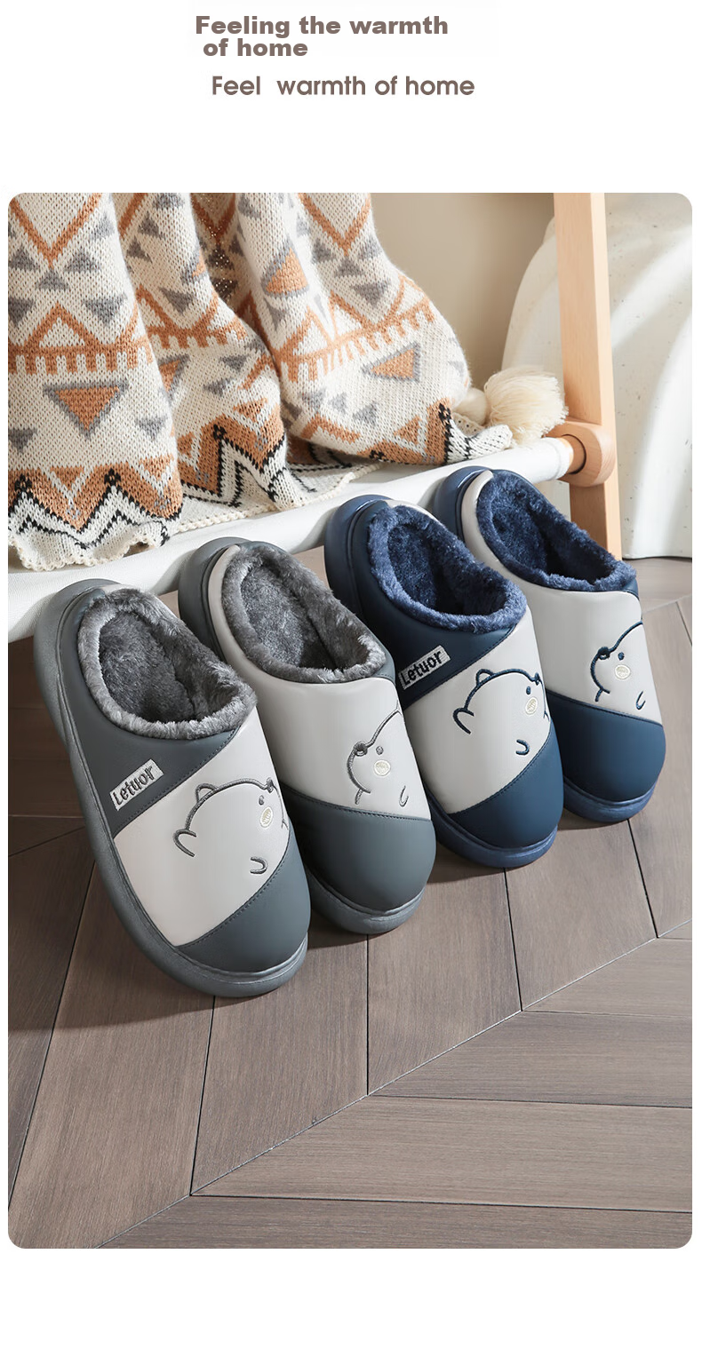 LETUO Side-Face Bear Cotton Slippers for Men, Autumn And Winter Waterproof Warm Thick-Soled Cotton Shoes, Couple's Home Slippers, Navy Blue Size 42-43 6