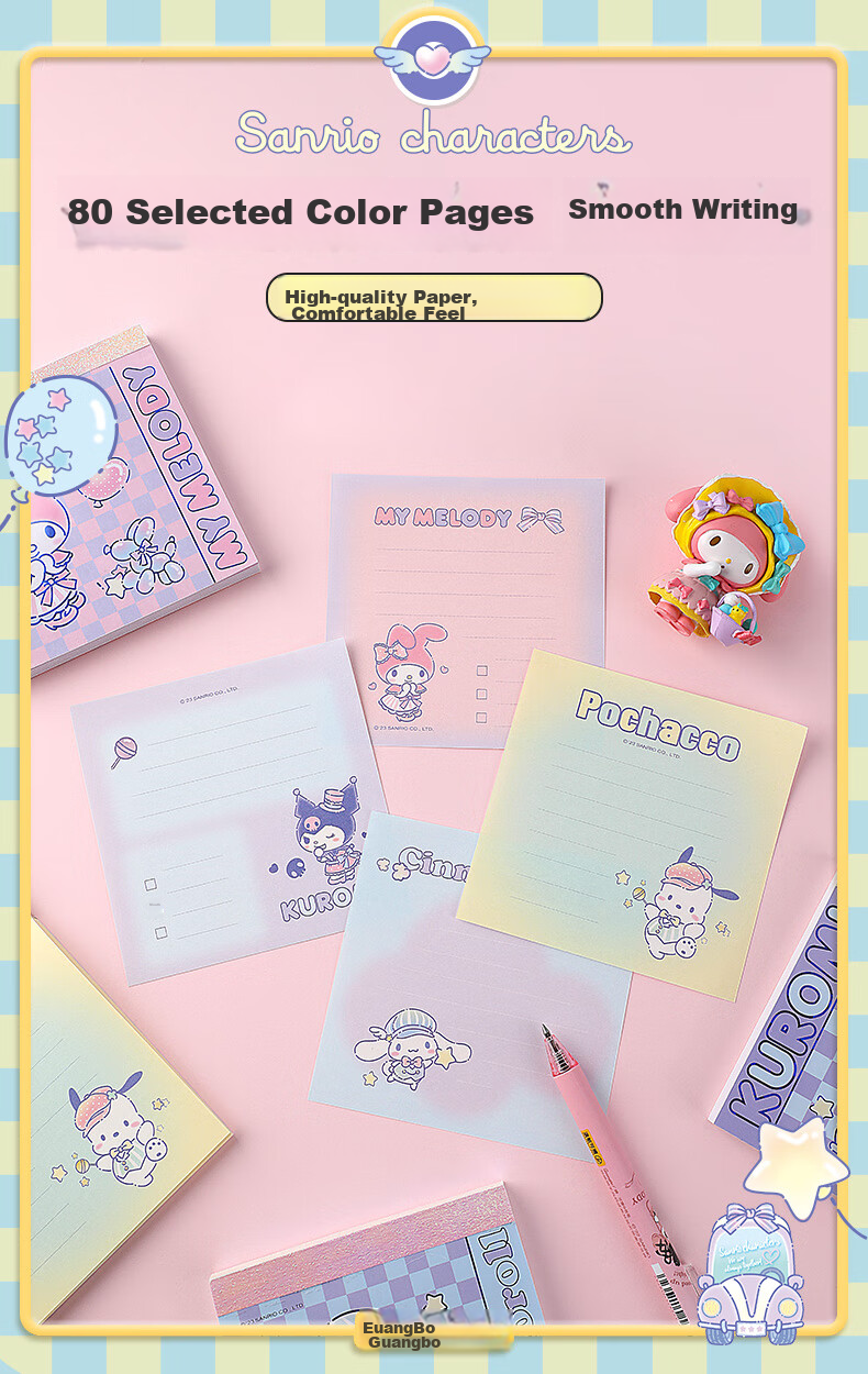 GuangBo X Sanrio Co-Branded Square Notebook, Mini Pocket Notebook, Memo Pad, Aesthetically Pleasing Journal, Notepad, 100*100mm/80 Sheets, Half-Person Fish Red, KT81387 4