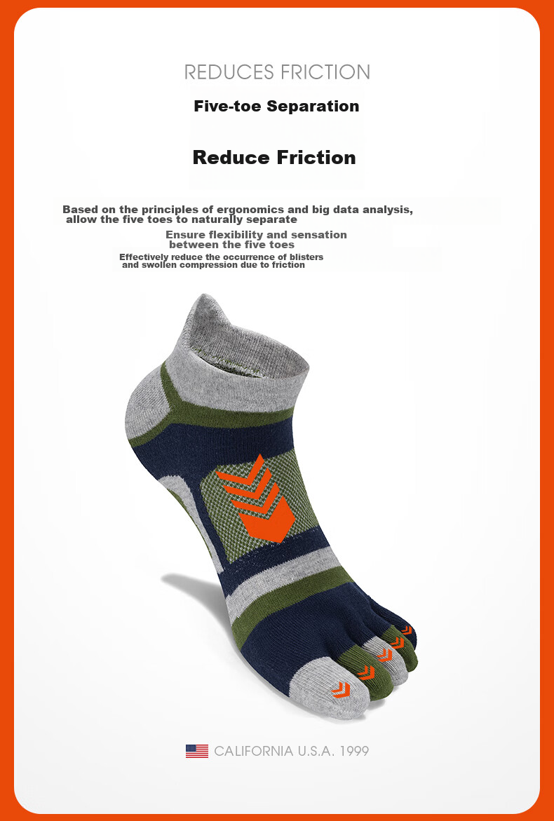TFO Competition-Grade Outdoor Five-Toe Socks, Breathable Functional Hiking Socks, Wear-Resistant Toe Socks 2202439 Men's Blue And Orange 5