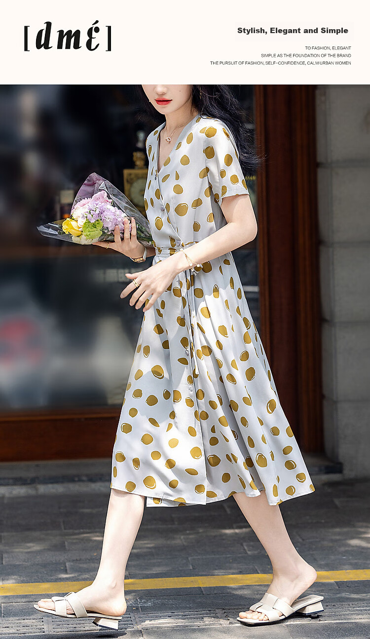 Dme [Waisted Tea-Length Dress], Summer V-Neck, Composite Silk Jacquard Yao Crepe Print, Flared Skirt, Button Decoration Dress 1