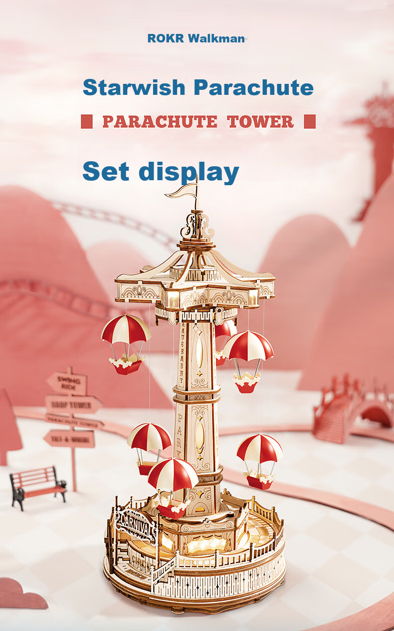 ROKR Parachute, Music Box, Building Blocks, Puzzle DIY Handmade Wooden Assembly Model Toy, Birthday Gift 1
