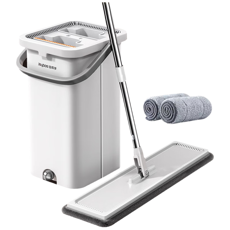 Jiabangshou Flat Mop with Scraper, 40cm Handle Length, 136cm Total Length, 2 Pieces with Mop Head And Bucket, All-In Household Mop, No Hand Washing Required