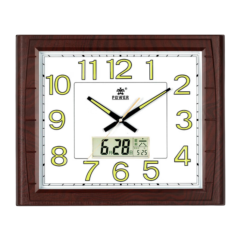 POWER Bawang Wall Clock, Living Room Home New Chinese Style Wall-Mounted, Luminous Calendar Quartz Clock, Length 49cm Wood Grain Color 0515