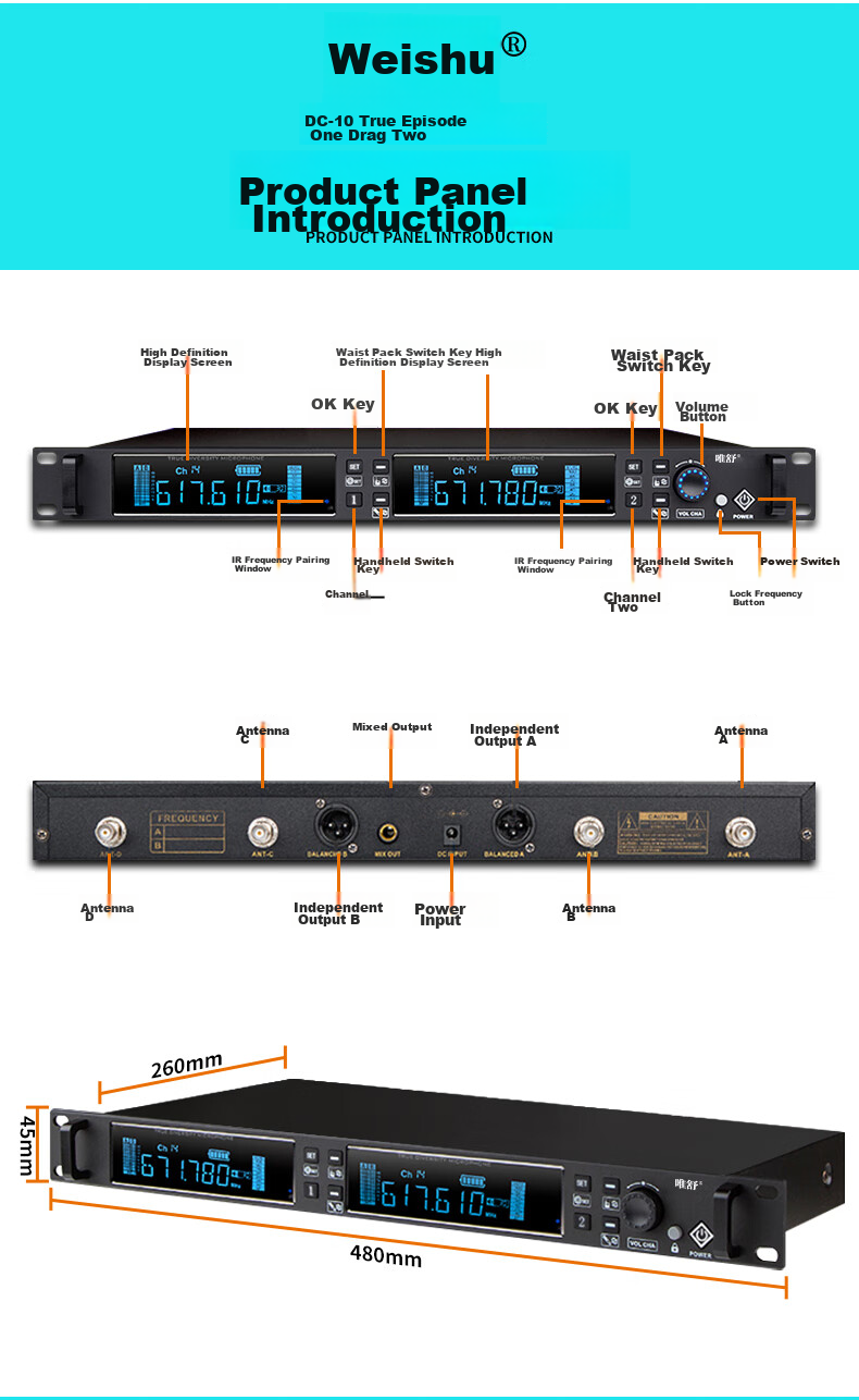 Weishu DC-10SH True Diversity Professional U-Segment Anti-Interference Wireless Handheld Microphone, One-To Microphone, 500-Meter Long-Range, for School Fields, Outdoor Performances, Weddings, And Hostings 14