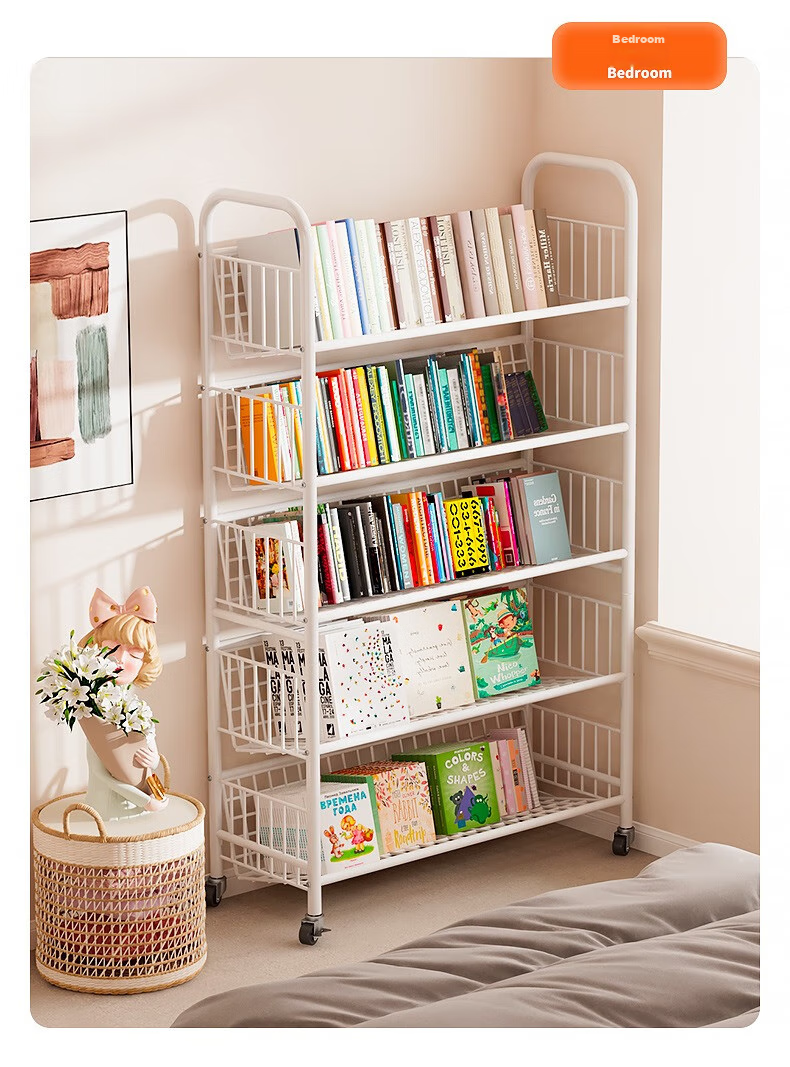 Milin Bookshelf Picture Book Rack Toy Storage Shelf Multi-layer Floor-standing Storage Rack Four Layers with Wheels 14