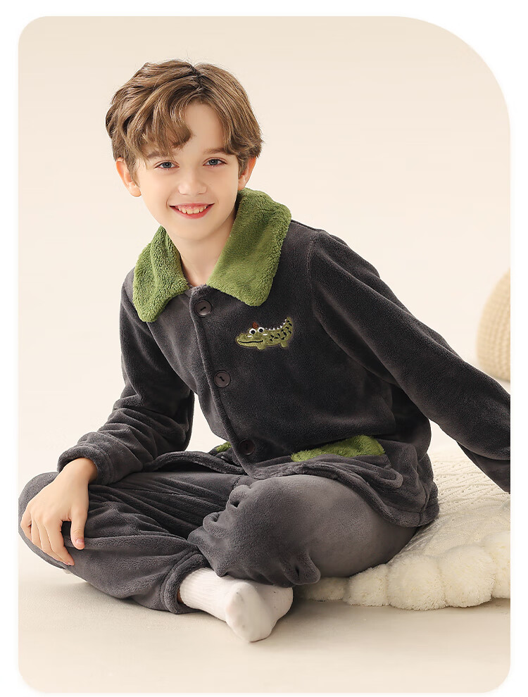 LangSha Children's Pajamas, Boys' Autumn And Winter Thickened Sleepwear, for Older Kids And Teenagers, Baby Flannel Lapel Loungewear, Warm Set 2