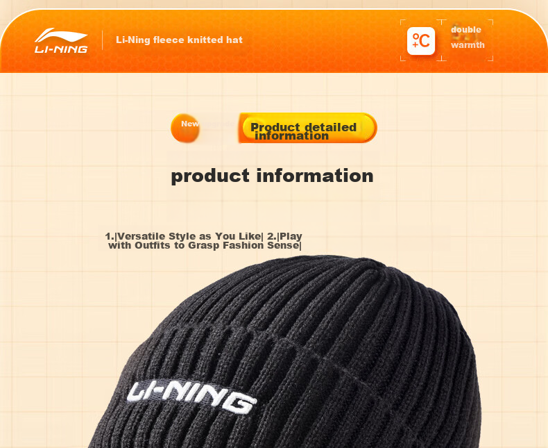 Li-Ning Hat for Men And Women, Autumn And Winter Knitted Cap, Warm Cold Hat, Sports Running Cycling Skiing Fleece-Lined Large Head Circumference Black 47