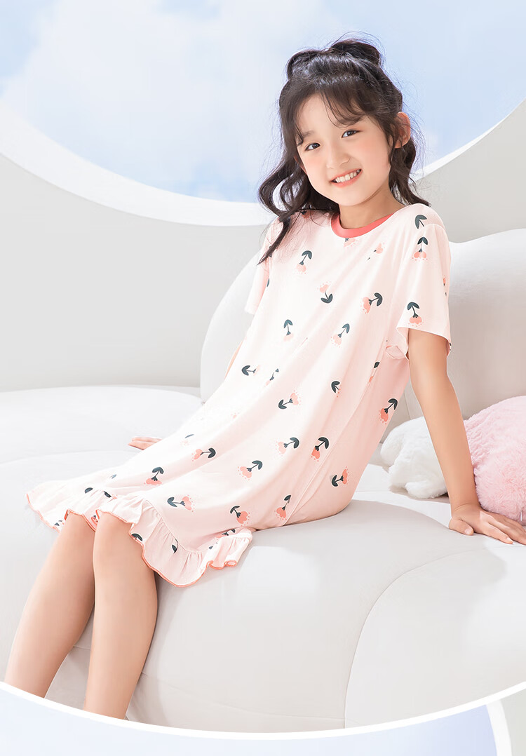 Hodohome Children's Summer Nightgown, Girls' 50S Modal Sleep Dress, Loose-Fitting Cool-Feeling Dress, Can Be Worn Outside, Size 350 140 10